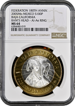 Мексика 100 песо 2005 г., NGC MS64, "180 лет Федерации - Нижняя Калифорния /Баранья голова/"
