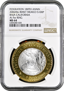 Мексика 100 песо 2006 г., NGC MS64, "180 лет Федерации - Южная Нижняя Калифорния"