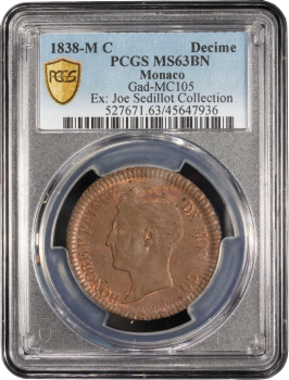 Монако 10 сантимов 1838 г. M, PCGS MS63 BN, "Князь Оноре V (1819 - 1841)"