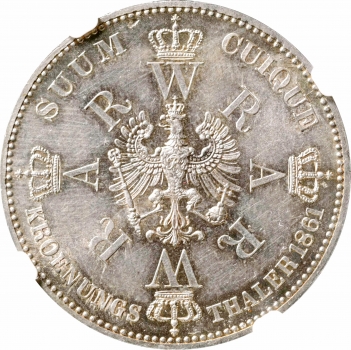 Пруссия 1 талер 1861 г., NGC MS63, "Коронация Вильгельма I и Августы"
