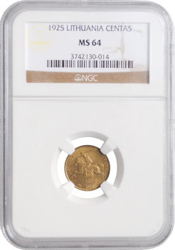 Литва 1 цент 1925 г., NGC MS64, "Первая Республика (1925 - 1938)"