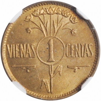 Литва 1 цент 1925 г., NGC MS64, "Первая Республика (1925 - 1938)"