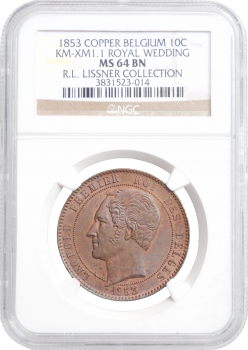 Бельгия 10 сантимов 1853 г., NGC MS64 BN, "Свадьба Леопольда и Марии Генриетте"