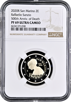 Сан-Марино 2 евро 2020 г., NGC PF69 UC, "500 лет со дня смерти Рафаэля" Top Pop