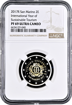Сан-Марино 2 евро 2017 г., NGC PF69 UC, "Международный год развития туризма"