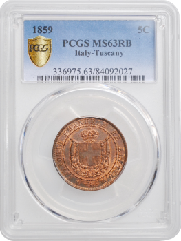 Тоскана 5 чентезимо 1859, PCGS MS63 RB, "Временное правительство (1859 - 1861)"