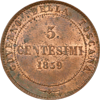 Тоскана 5 чентезимо 1859, PCGS MS63 RB, "Временное правительство (1859 - 1861)"