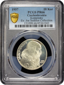 Чехословакия 10 крон 1957 г., PCGS PR66, "Епископ Моравского Братства - Ян Амос Коменский"