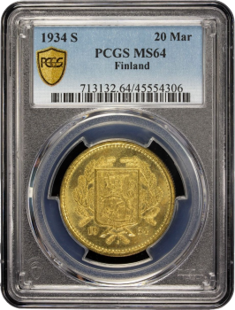 Финляндия 20 марок 1934 г. S, PCGS MS64, "Финляндская Республика (Suomi) (1918 - 1962)" Top Pop