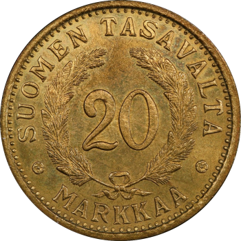 Финляндия 20 марок 1934 г. S, PCGS MS64, "Финляндская Республика (Suomi) (1918 - 1962)" Top Pop