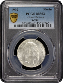 Великобритания 2 шиллинга (флорин) 1902 г., PCGS MS62, "Король Эдуард VII (1902 - 1910)"