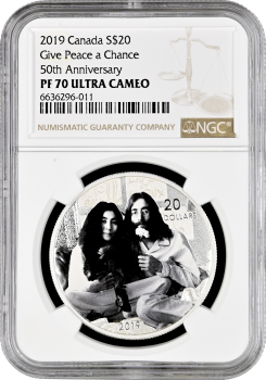 Канада 20 долларов 2019 г., NGC PF70 UC, "50 лет песне Джона Леннона "Дайте миру шанс" Top Pop
