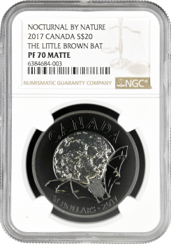 Канада 20 долларов 2017 г., NGC PF70 MATTE, "Ночной по природе - Летучая мышь"