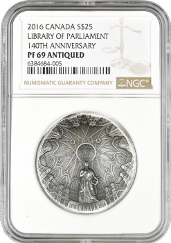 Канада 25 долларов 2016 г., NGC PF69 ANTIQUED, "140 лет Библиотеке парламента"