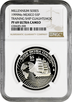 Мексика 5 песо 1999 г., NGC PF69 UC, "100 лет военно-морской академии"