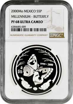 Мексика 5 песо 2000 г., NGC PF68 UC, "Миллениум - Бабочка"