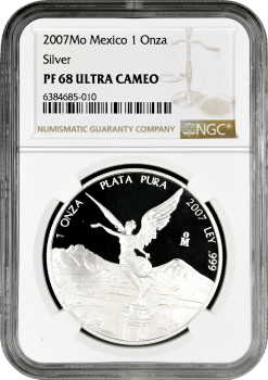 Мексика 1 онза 2007 г., NGC PF68 UC, "Серебряная инвестиционная монета "Свобода"