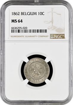 Бельгия 10 сантимов 1862 г., NGC MS64, "Король Леопольд I (1832 - 1865)"