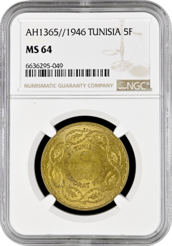 Тунис 5 франков 1946 г., NGC MS64, "Французский протекторат (1890 - 1957)"