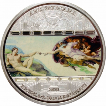 Острова Кука 20 долларов 2008 г., PROOF, "Сотворение Адама, Микеланджело" без камней