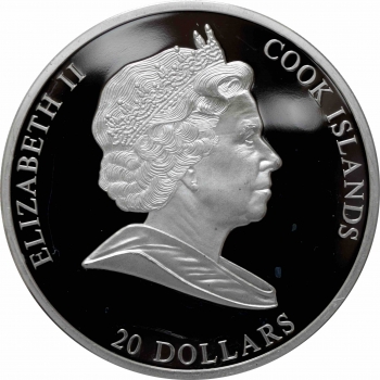Острова Кука 20 долларов 2008 г., PROOF, "Сотворение Адама, Микеланджело" без камней