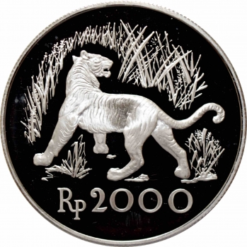 Индонезия 2000 рупий 1974 г., PROOF, "Яванский тигр"