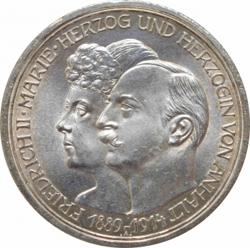 Ангальт-Дессау 3 марки 1914 г. A, UNC, "25 лет свадьбе Фридриха II и Марии Баденской"