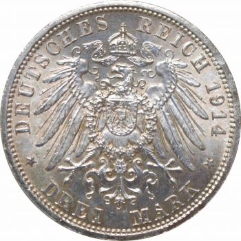 Ангальт-Дессау 3 марки 1914 г. A, UNC, "25 лет свадьбе Фридриха II и Марии Баденской"