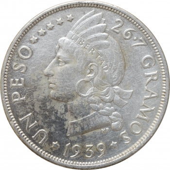 Доминикана 1 песо 1939 г., XF Det., "Доминиканская Республика (1937 - 2020)"