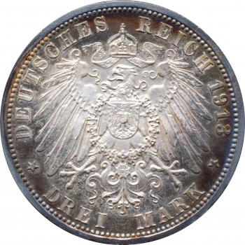 Пруссія 3 марки 1913 р. A, PROOF, "25 років правлінню Вільгельма II"