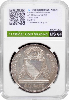 Швейцарские кантоны 40 батценов 1813 г. B, CCG MS64 PL, "Кантон Цюрих (1804 - 1850)"