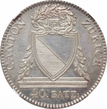 Швейцарские кантоны 40 батценов 1813 г. B, CCG MS64 PL, "Кантон Цюрих (1804 - 1850)"