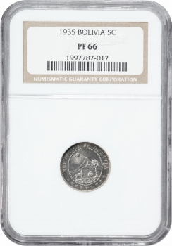 Боливия 5 сентаво 1935 г., NGC PF66, "Республика Боливия (1870 - 1963)"