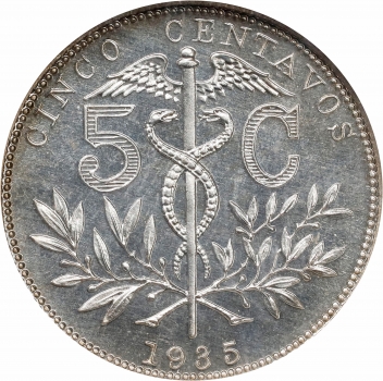 Боливия 5 сентаво 1935 г., NGC PF66, "Республика Боливия (1870 - 1963)"