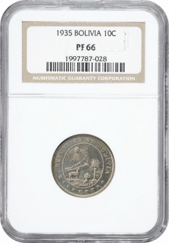 Боливия 10 сентаво 1935 г., NGC PF66, "Республика Боливия (1870 - 1963)"