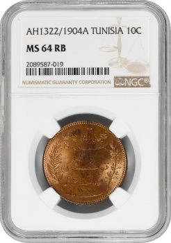 Тунис 10 сантимов 1904 г., NGC MS64 RB, "Французский протекторат (1890 - 1957)"