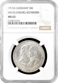 Мекленбург-Шверин 3 марки 1915 г., NGC MS63, "100 лет Великому Герцогству Мекленбург-Шверин"