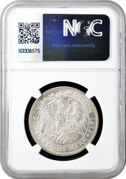 Мекленбург-Шверин 3 марки 1915 г., NGC MS63, "100 лет Великому Герцогству Мекленбург-Шверин"