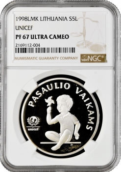 Литва 5 літ 1998 LMK, NGC PF67 UC, "ЮНІСЕФ - Діти світу"