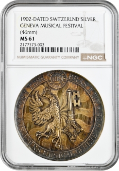Швейцарія срібна медаль 1902 р., NGC MS61, "Женевський музичний фестиваль"