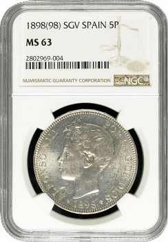 Іспанія 5 песет 1898 SGV, NGC MS63, "Король Альфонсо XIII (1886 - 1931)"