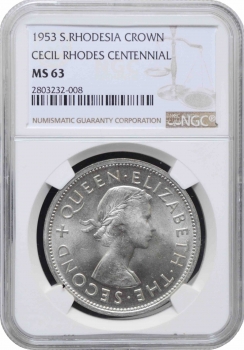 Южная Родезия 1 крона 1953 г., NGC MS63, "100 лет со дня рождения Сесиля Родса"