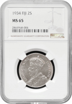 Фиджи 1 флорин (2 шиллинга)  1934 г., NGC MS65, "Король Георг V (1911 - 1936)" Top Pop