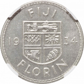 Фиджи 1 флорин (2 шиллинга)  1934 г., NGC MS65, "Король Георг V (1911 - 1936)" Top Pop
