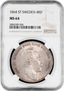 Швеція 4 риксдалер риксмюнт 1864 р. ST, NGC MS64, "Король Карл XV (1859 - 1872)"