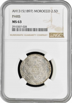 Марокко 2 1/2 дирхама AH 1314 (1897), NGC MS63, "Султан Хасан I (1873 - 1894)"