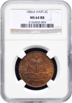 Гаити 2 сантима 1886 г. A, NGC MS64 RB, "Республика Гаити (1863 - 1985)"