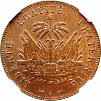 Гаити 2 сантима 1886 г. A, NGC MS64 RB, "Республика Гаити (1863 - 1985)"