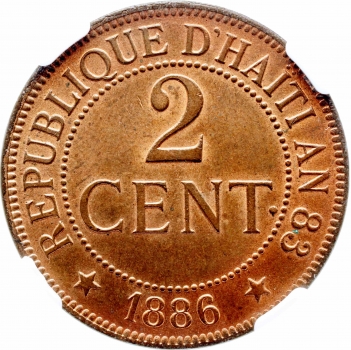 Гаити 2 сантима 1886 г. A, NGC MS64 RB, "Республика Гаити (1863 - 1985)"