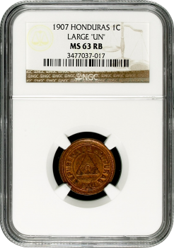 Гондурас 1 сентаво 1907 г., NGC MS63 RB, "Песо (1871 - 1930" LARGE "UN"